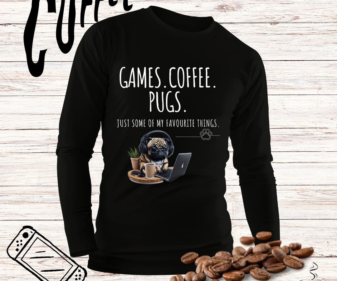 Coffee.Games.Pugs Men and Woman Sweater