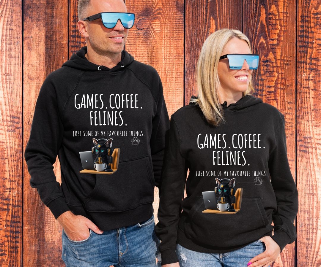 Coffee.Games.Felines Men and Woman Hoodie