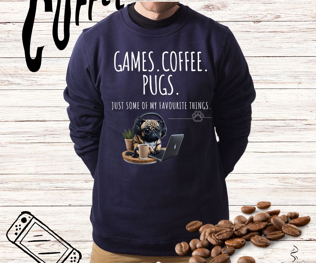 Coffee.Games.Pugs Men and Woman Sweater