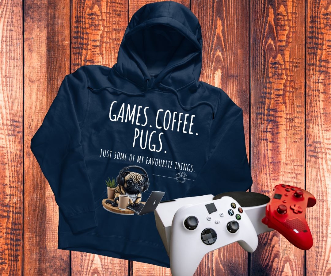 Coffee.Games.Pugs Men and Woman Hoodie