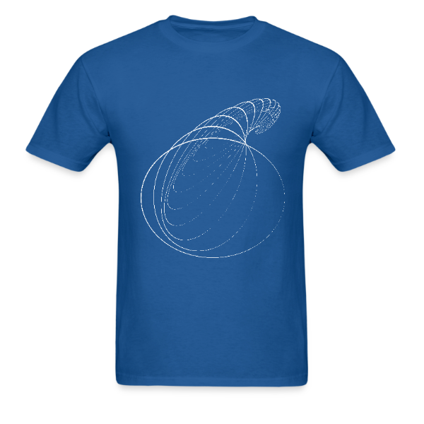 White cone spiral line design on blue t-shirt